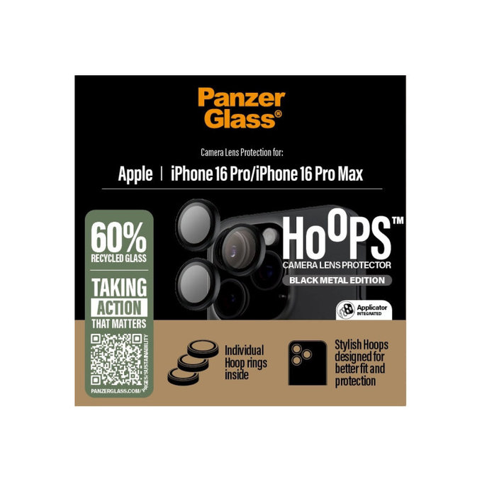 Objektívlencse védő Hoops iPhone 16 Pro Max/16 Pro, Fekete, PanzerGlass