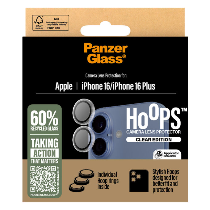 PanzerGlass - Kameralencse Védőburkolat Hoops - iPhone 16 és 16 Plus, tiszta