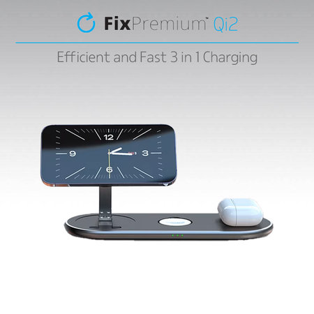 FixPremium - Töltőállvány Qi2-vel - iPhone, Apple Watch és AirPods, fekete