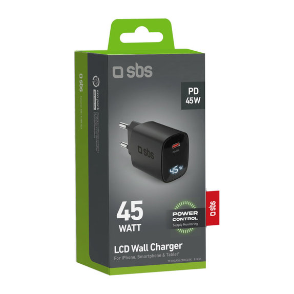 Utazási adapter LCD USB-C, GaN, 45 W PD, fekete, SBS