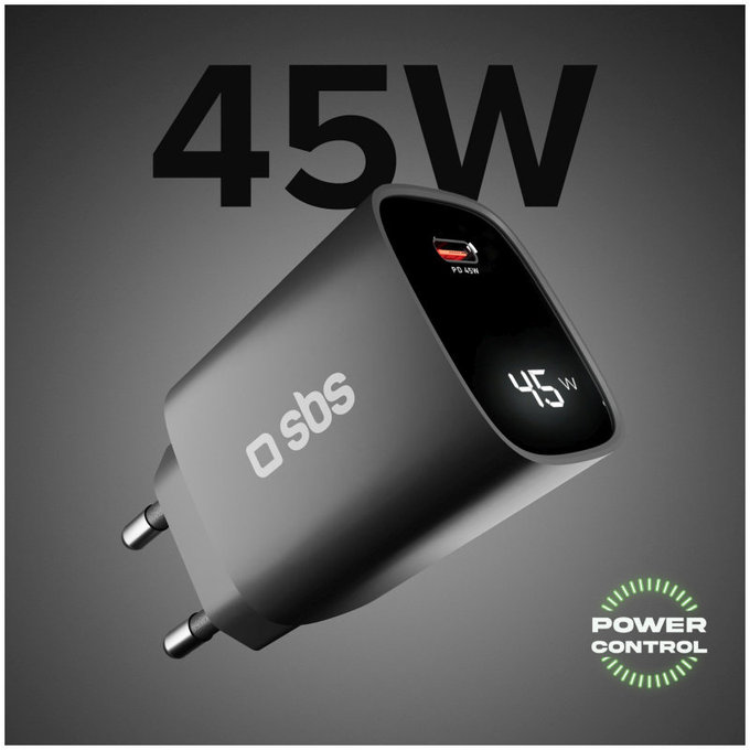 Utazási adapter LCD USB-C, GaN, 45 W PD, fekete, SBS