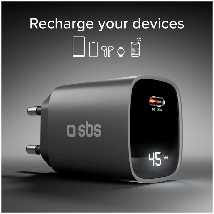 Utazási adapter LCD USB-C, GaN, 45 W PD, fekete, SBS