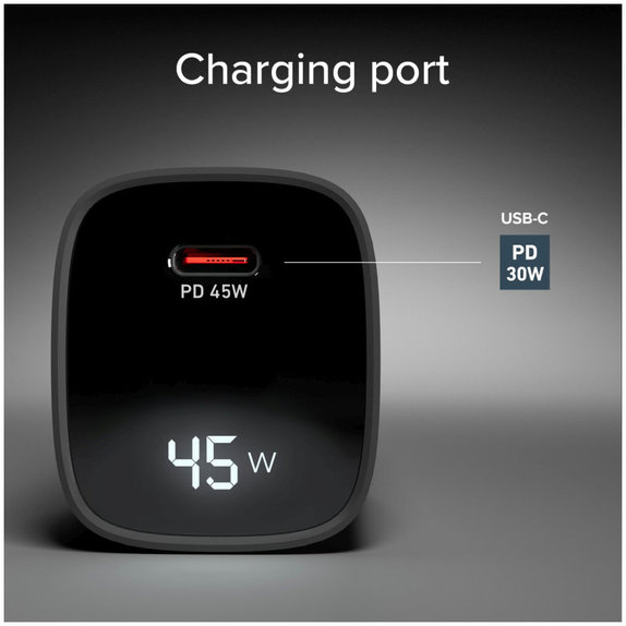 Utazási adapter LCD USB-C, GaN, 45 W PD, fekete, SBS