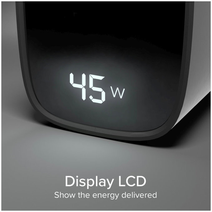 Utazási adapter LCD USB-C, GaN, 45 W PD, fekete, SBS
