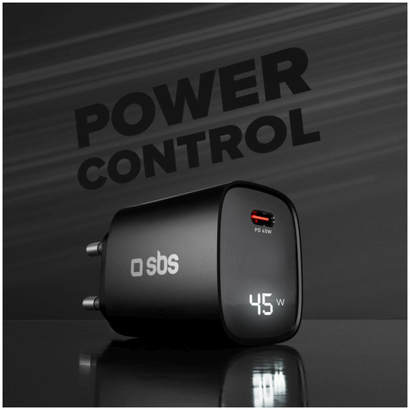 Utazási adapter LCD USB-C, GaN, 45 W PD, fekete, SBS