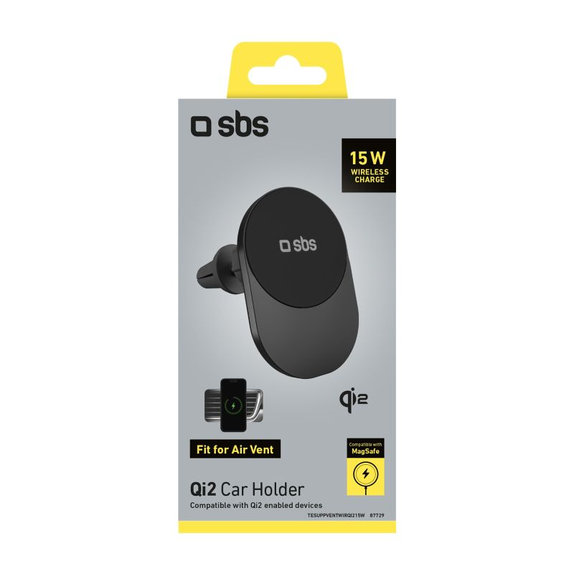 SBS - Autós tartó vezeték nélküli töltéssel, Qi2, 15W, MagSafe, szellőzőrácsba, fekete