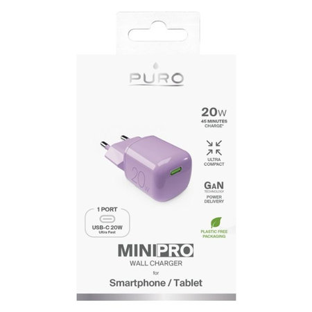 PURO - Töltőadapter MiniPro USB-C, GaN, 20W, coraltastic