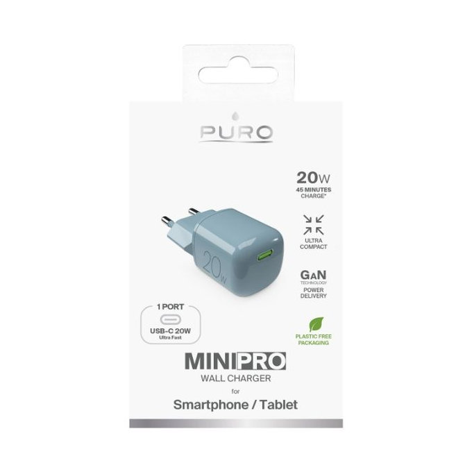 PURO - Töltőadapter MiniPro USB-C, GaN, 20W, island mist