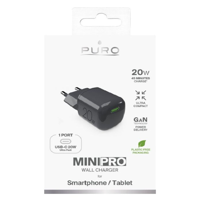 PURO - Töltőadapter MiniPro USB-C, GaN, 20W, black oyster
