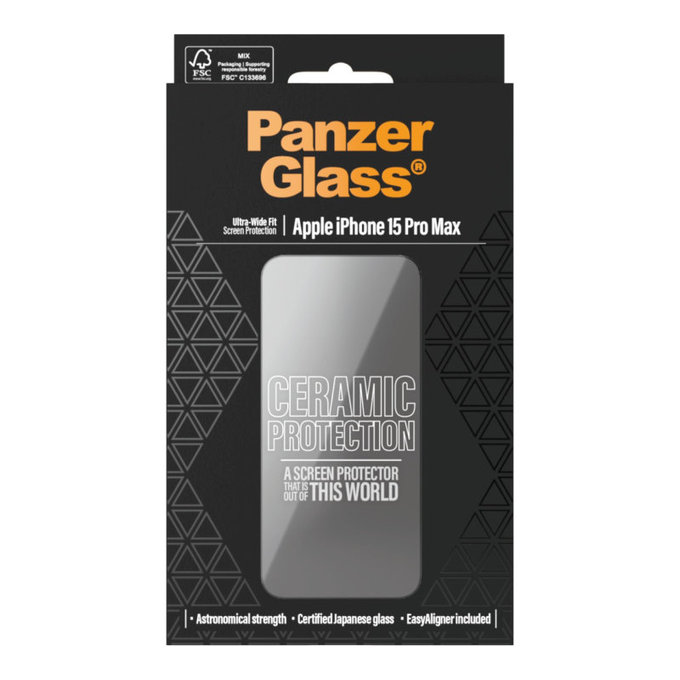 Edzett üveg UWF Ceramic applikátorral iPhone 15 Pro Max készülékhez, Fekete, PanzerGlass