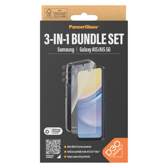 Bundle Hoops + Edzett üveg UWF + Hard Case D3O Samsung Galaxy A15/A15 5G készülékhez, PanzerGlass