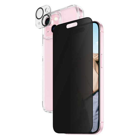 Bundle PicturePerfect + Edzett üveg UWF Privacy + Hard Case D3O iPhone 15 készülékhez, PanzerGlass