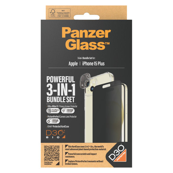 Bundle PicturePerfect + Edzett üveg UWF Privacy + Hard Case D3O iPhone 15 Plus készülékhez, PanzerGlass