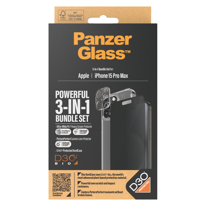 Bundle PicturePerfect + Edzett üveg UWF Privacy + Hard Case D3O iPhone 15 Pro Max készülékhez, PanzerGlass