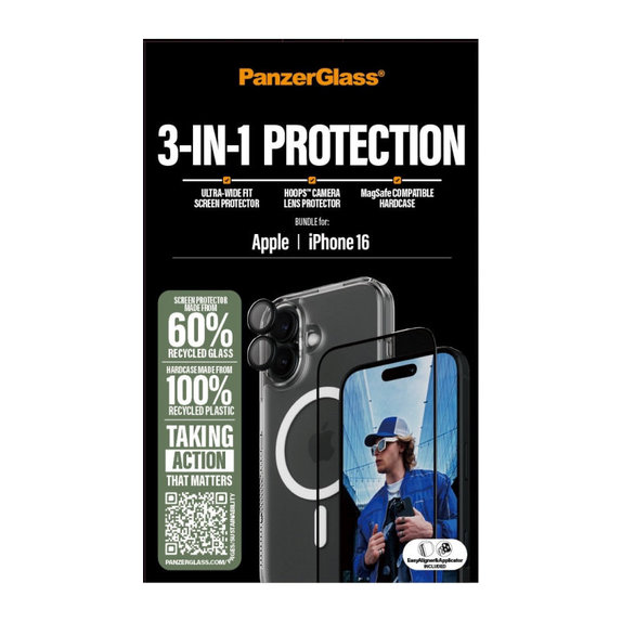 Bundle 3 az 1-ben Hoops + UWF edzett üveg + Hard Case iPhone 16 készülékhez, PanzerGlass