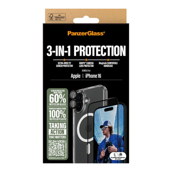 Bundle 3 az 1-ben Hoops + UWF edzett üveg + Hard Case iPhone 16 készülékhez, PanzerGlass
