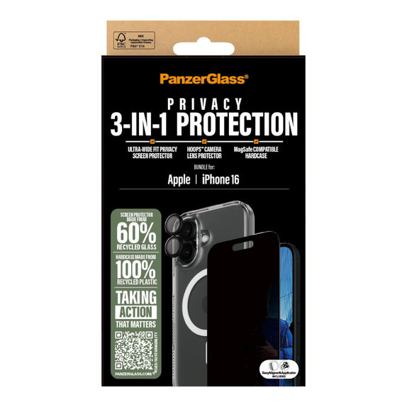 Bundle Hoops + UWF Privacy edzett üveg + Hard Case iPhone 16 készülékhez, PanzerGlass