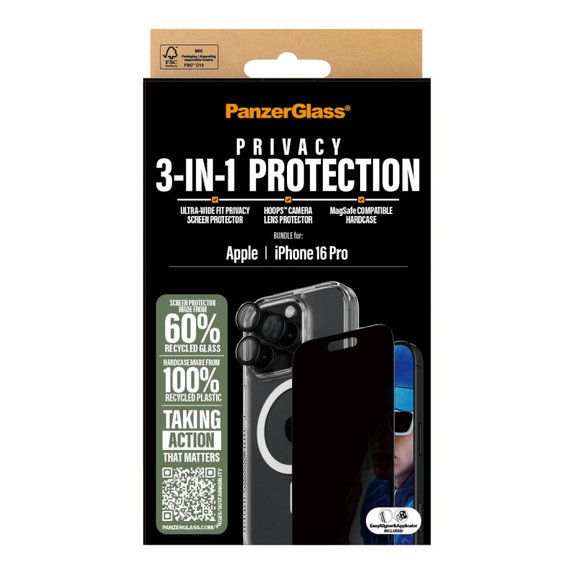 Bundle Hoops + UWF Privacy edzett üveg + Hard Case iPhone 16 Pro készülékhez, PanzerGlass