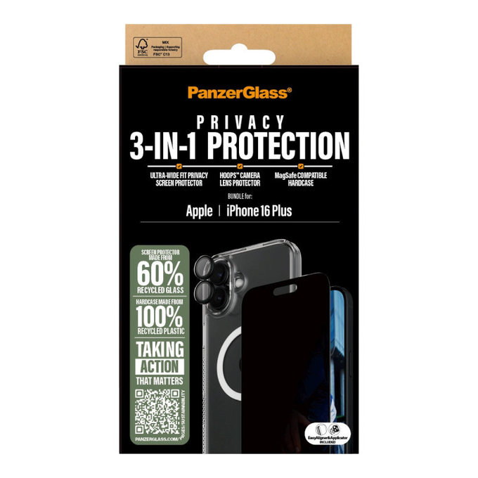 Bundle Hoops + UWF Privacy edzett üveg + Hard Case iPhone 16 Plus készülékhez, PanzerGlass