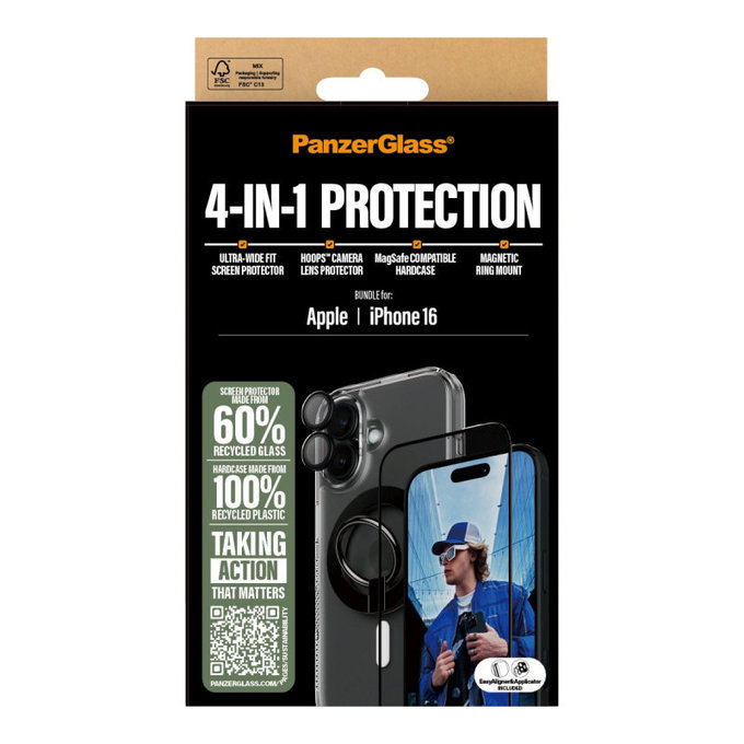 Bundle Hoops + UWF edzett üveg + Hard Case + Magnetic Ring Mount iPhone 16 készülékhez, PanzerGlass