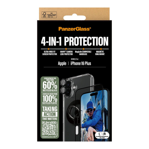 Bundle Hoops + UWF edzett üveg + Hard Case + Magnetic Ring Mount iPhone 16 Plus készülékhez, PanzerGlass