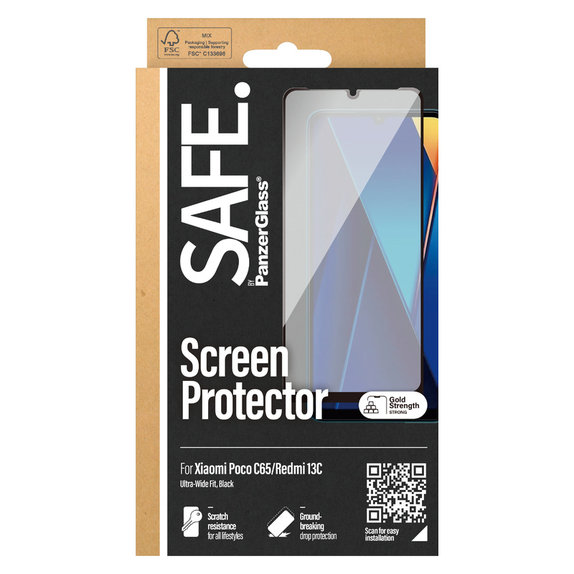 Edzett üveg UWF Xiaomi Redmi 13C 5G készülékhez, Fekete, SAFE by PanzerGlass