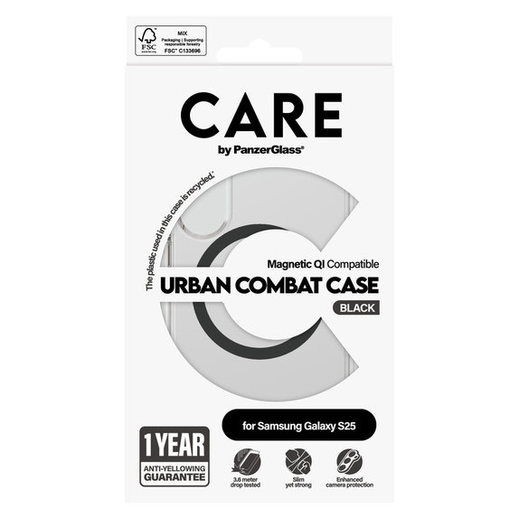 Tok Urban Combat fekete QI-val Samsung Galaxy S25 készülékhez, Átlátszó, PanzerGlass