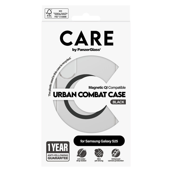 Tok Urban Combat fekete QI-val Samsung Galaxy S25 készülékhez, Átlátszó, PanzerGlass