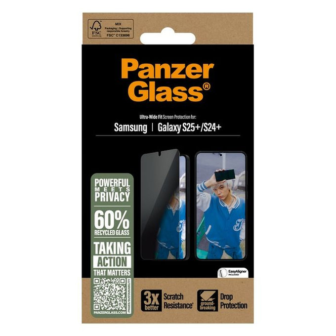 PanzerGlass - Edzett Üveg UWF Privacy az applikátorral - Samsung Galaxy S25+, transparent