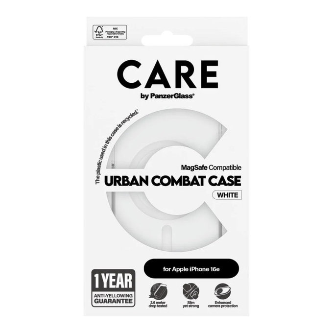 Urban Combat tok MagSafe támogatással iPhone 17e/16e készülékhez, Fehér, CARE