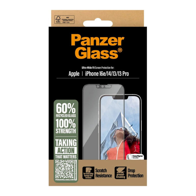UWF edzett üveg applikátorral iPhone 17e/16e/14/13/13 Pro készülékhez, Fekete, PanzerGlass
