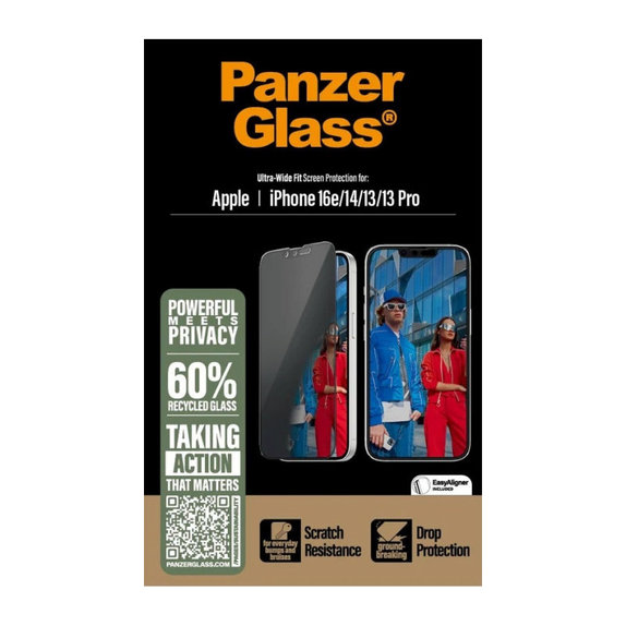 UWF Privacy edzett üveg applikátorral iPhone 17e/16e/14/13/13 Pro készülékhez, Fekete, PanzerGlass
