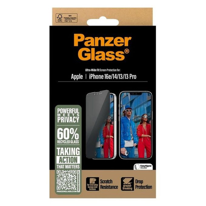 PanzerGlass - Edzett Üveg UWF Privacy az applikátorral - iPhone 13, 13 Pro, 14 és 16e, transparent