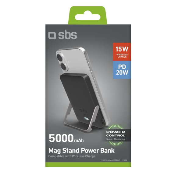 SBS - PowerBank 5000mAh, 20W, Power Delivery, Mag Stand, fekete