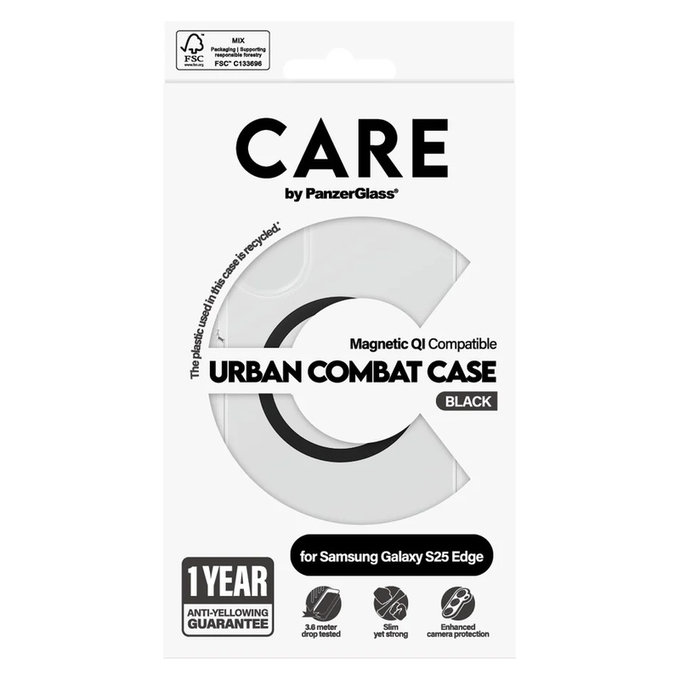 Tok Urban Combat fekete QI-val Samsung Galaxy S25 Edge készülékhez, Átlátszó, PanzerGlass