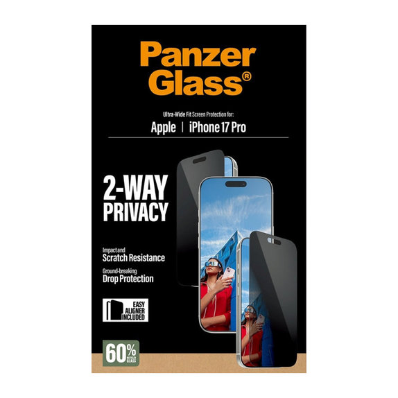 UWF 2-Way Privacy edzett üveg applikátorral iPhone 17 Pro készülékhez, Fekete, PanzerGlass
