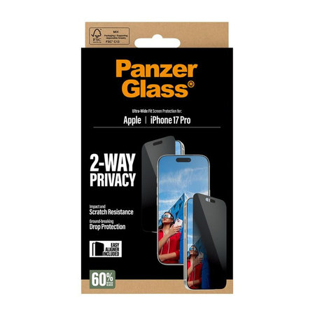 PanzerGlass - UWF 2-Way Privacy edzett üveg aplikátorral iPhone 17 Pro, fekete