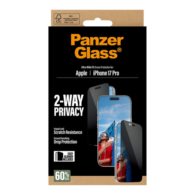 UWF 2-Way Privacy edzett üveg applikátorral iPhone 17 Pro készülékhez, Fekete, PanzerGlass