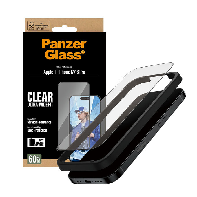 UWF edzett üveg applikátorral iPhone 17/16 Pro, Fekete, PanzerGlass