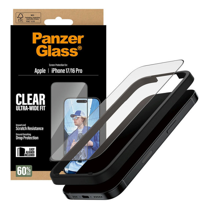 UWF edzett üveg applikátorral iPhone 17/16 Pro, Fekete, PanzerGlass