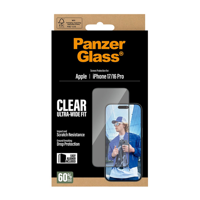 UWF edzett üveg applikátorral iPhone 17/16 Pro, Fekete, PanzerGlass