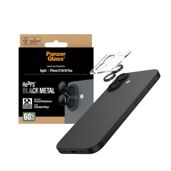 Objektívlencse védő Hoops iPhone 17/16 Plus/16, fekete, PanzerGlass