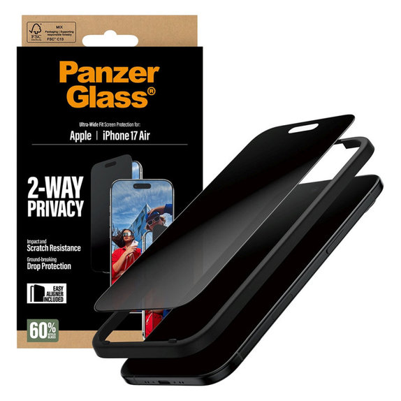 Edzett üveg UWF 2-Way Privacy applikátorral iPhone 17 Air készülékhez, Fekete, PanzerGlass