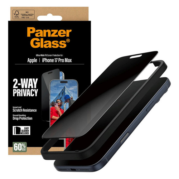 UWF 2-Way Privacy edzett üveg Fastfit applikátorral iPhone 17 Pro Max készülékhez, Fekete, PanzerGlass