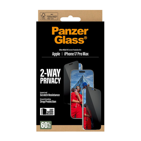 UWF 2-Way Privacy edzett üveg Fastfit applikátorral iPhone 17 Pro Max készülékhez, Fekete, PanzerGlass
