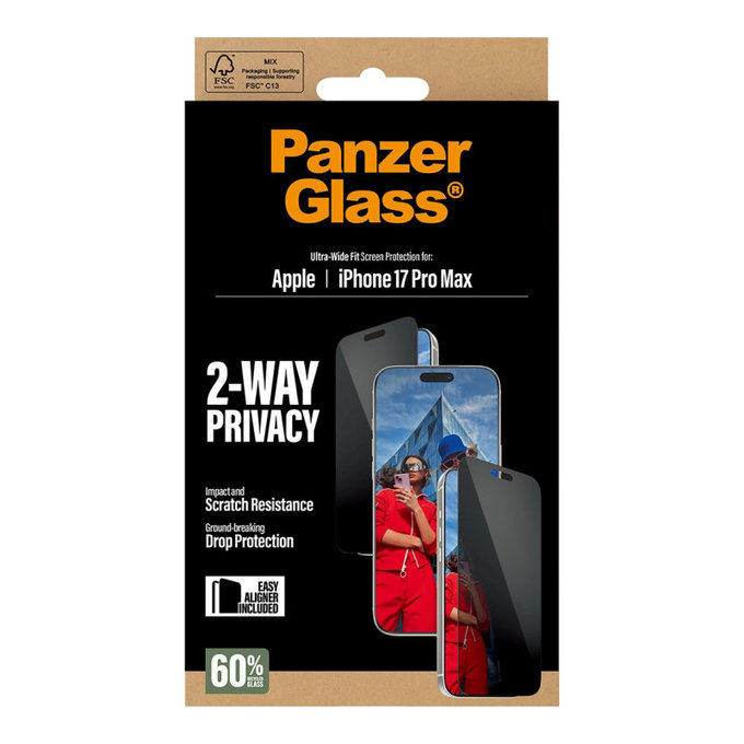 UWF 2-Way Privacy edzett üveg Fastfit applikátorral iPhone 17 Pro Max készülékhez, Fekete, PanzerGlass