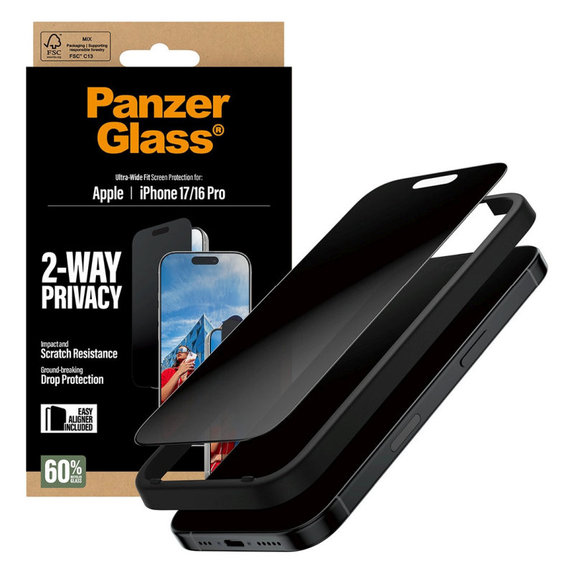UWF 2-Way Privacy edzett üveg Fastfit applikátorral iPhone 17/16 Pro készülékhez, Fekete, PanzerGlass