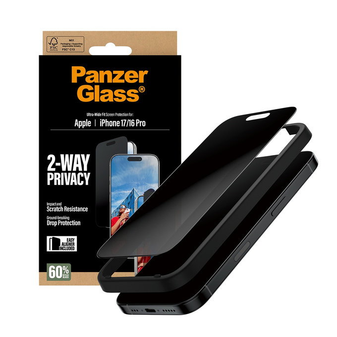 UWF 2-Way Privacy edzett üveg Fastfit applikátorral iPhone 17/16 Pro készülékhez, Fekete, PanzerGlass