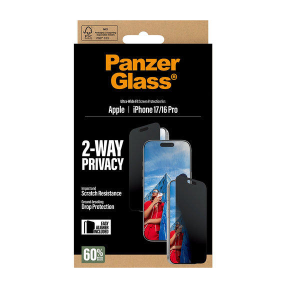 UWF 2-Way Privacy edzett üveg Fastfit applikátorral iPhone 17/16 Pro készülékhez, Fekete, PanzerGlass