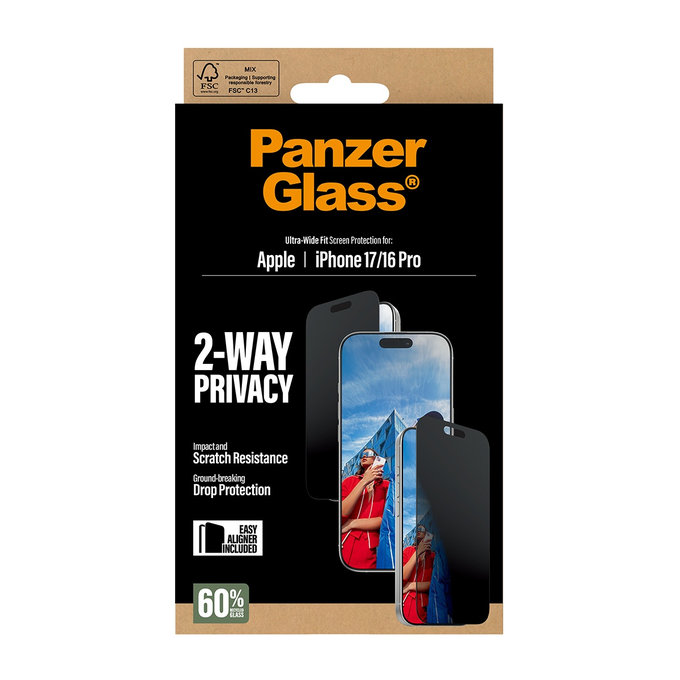 UWF 2-Way Privacy edzett üveg Fastfit applikátorral iPhone 17/16 Pro készülékhez, Fekete, PanzerGlass
